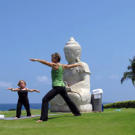 Jen moves from the golf course to a yoga session with instructor Katie Danaher at the Hilton Waikoloa's Buddha Point, a paradise for yogis.