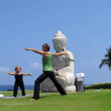 Jen moves from the golf course to a yoga session with instructor Katie Danaher at the Hilton Waikoloa's Buddha Point, a paradise for yogis.