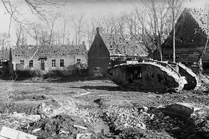 February 1918, wreck of a British tank. Notice the damage done to the surrounding structures.
Watch video of