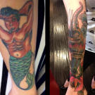 Before and after of a merman tattoo cover-up.