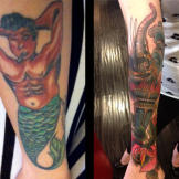 Before and after of a merman tattoo cover-up.