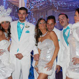 Bride Annie and her bridesmaids sparkle at her reception.