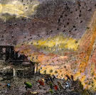 This hand-colored woodcut depicts the destruction of the ancient city of Pompeii by the eruption of Mount Vesuvius in 79 A.D.