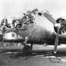 Damaged while on a run over Cologne, Germany, this B-17 made it back despite heavy damage to its nose.