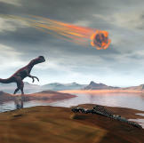 A dinosaur looks up as a massive meteor falls through the sky 65 million years ago.