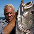 Jeremy Wade holds a dusky kob, a giant fish found in the Zambezi River.