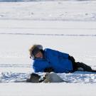 David Attenborough watches a ringed seal mother and pup, Svalbard, Norway.