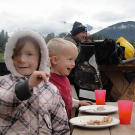 Ella and Hank Dorsey join the crew at breakfast for pancakes, bacon and juice.