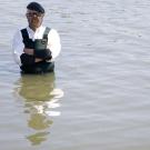 Jamie Hyneman at the Encinal Boat Launch in Alameda, California, on April 10, 2008, shooting for Shark Week.