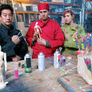 For the Fireworks Man small-scale test, Grant Imahara, Tory Belleci and Kari Byron hold an Iron Chef-style rocket-building competition.