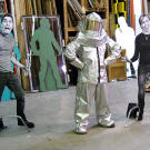 In preparation for "Exploding Wine," Grant Imahara strikes a jaunty pose in his fireproof suit.