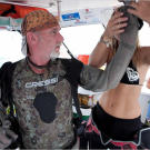 Dave dons a shark suit to begin the next phase of the adventure. As an experienced diver, he knows the gear will protect him from the local Bahamanian sharks.