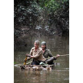 The Hawkes struggle through an Amazonian tributary on a make-shift raft, with two primitive paddles, as they try to find their way to some form of civilization. Traveling on foot through the jungle for any distance is nearly impossible, so rivers are the highways of the Amazon -- and life lines for survivors.
