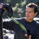 Bear Grylls holds up his dinner, an eel that he lured with a piece of whale carcass and then caught with flax, an ancient Maori fishing technique.