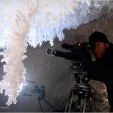 Filming in an ice cave beneath Antarctica's Mount Erebus.